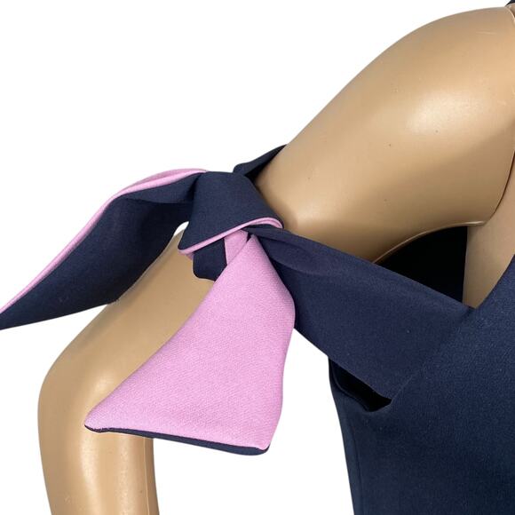 Milly $450 Madison Navy Blue Bow Detail Cold Shoulder A-line Dress SZ 8 - Picture 3 of 12